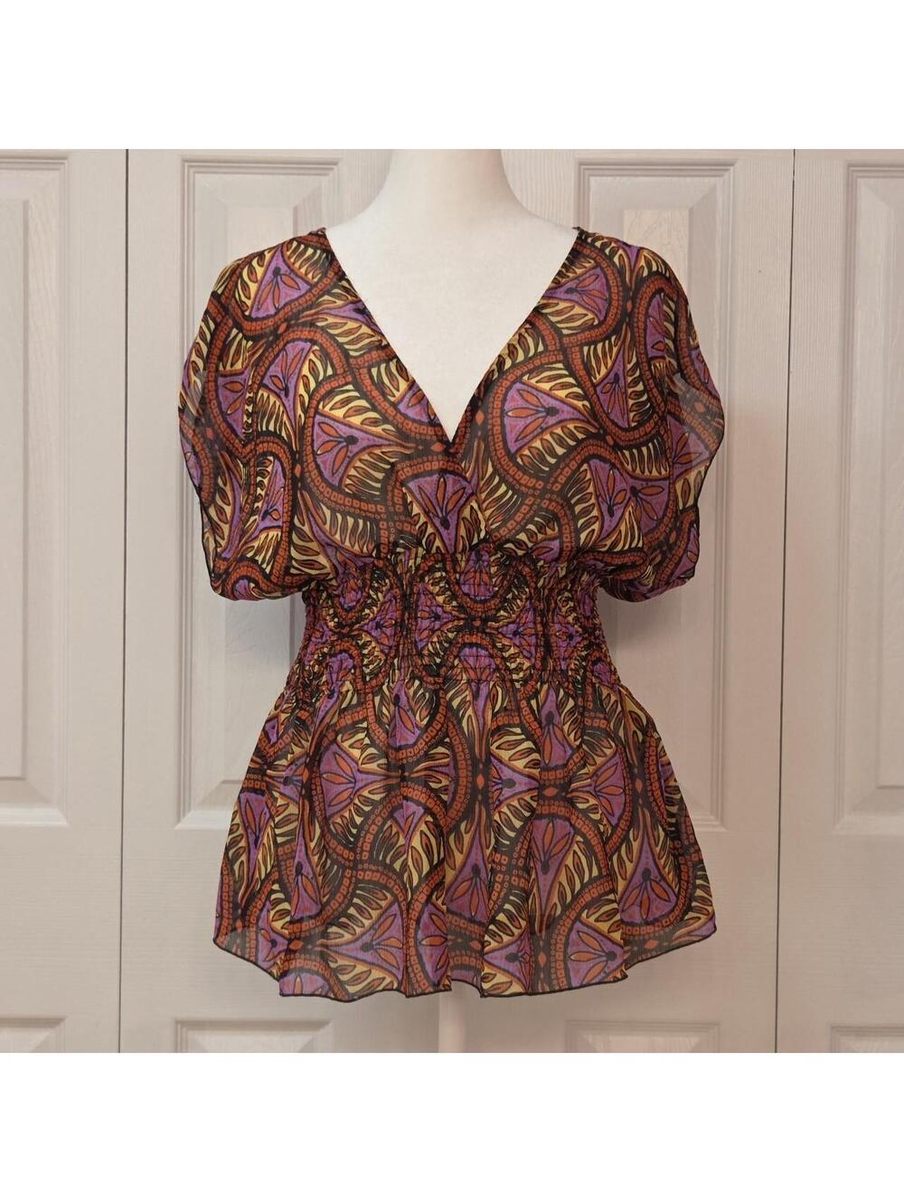 Retro 70s Sheer Colorful Print Peplum Blouse Eclectic Boho Hippie Y2K Cinch Top